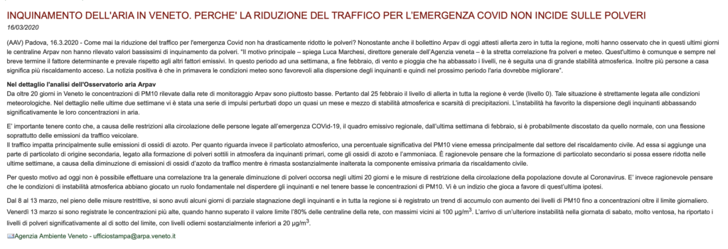 Comunicato Coronavirus restrizioni e inquinamento ARPA Veneto
