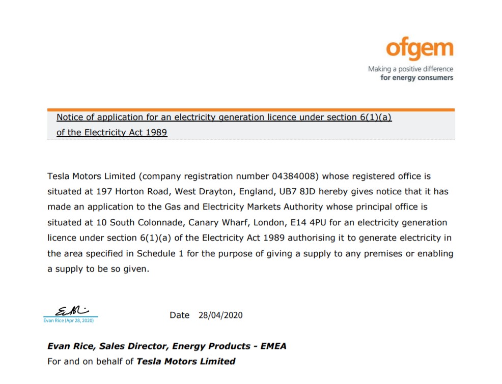 Tesla OFGEM